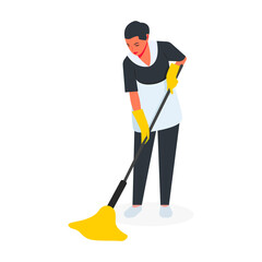 a woman maid does cleaning, washes the floor with a mop in yellow gloves, cleaning, disinfection of floor surfaces,
