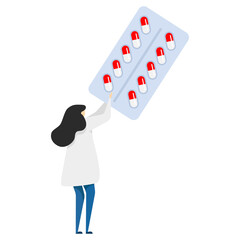 Medicine healthcare concept. Medical background. Large syringe with a vaccine and doctors with medicines during treatment. doctors with syringe and pills