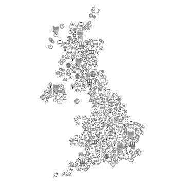 United Kingdom map from red and glowing stars icons pattern set of SEO analysis concept or development, business. Vector illustration.