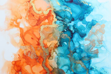 art photography of abstract fluid painting with alcohol ink, blue, orange and gold colors