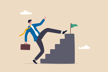 Shortcut or advancement in career development or work to achieve target, skip step to reach goal or beginner mistake by try hard way to success concept, businessman skip stair step to reach target. - obrazy, fototapety, plakaty