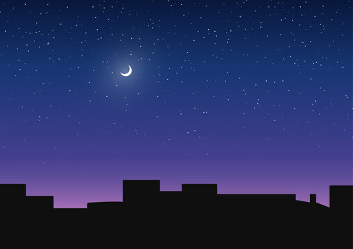 Night city in flat design style. Silhouette of the buildings. Starry night and bright crescent moon. Vector illustration.