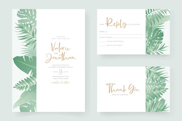 Fototapeta na wymiar Wedding invitation design with tropical leaf ornament