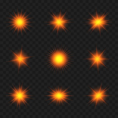 Shiny orange star light effect set vector illustration on transparent background