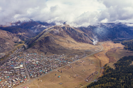 Mountain village Aktash in Altai mountains, beautiful valley drone aerial view
