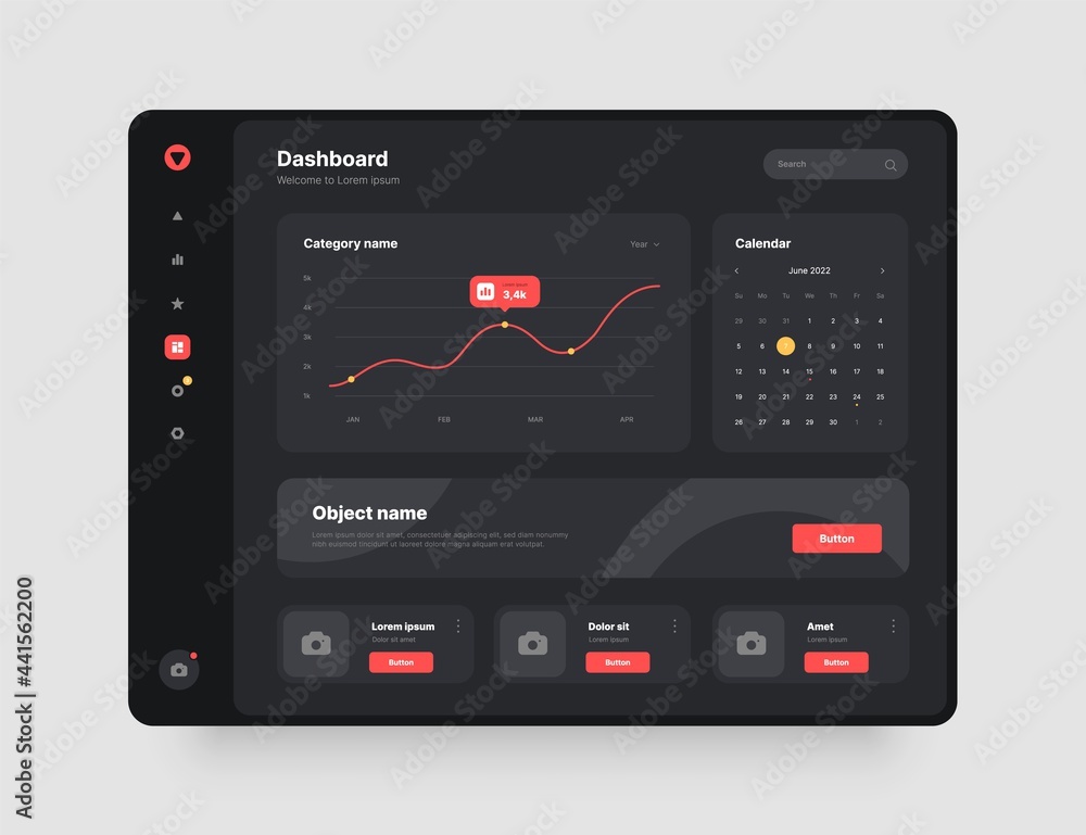 Fototapete Dashboard design in dark colors. App interface with UI and UX elements. Use design for web application, desktop or mobile app.