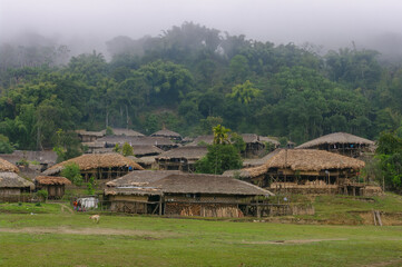 Scenic landscape view of traditional Adi Minyong tribal village with misty forest in background,...