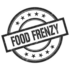 FOOD FRENZY text written on black vintage round stamp.