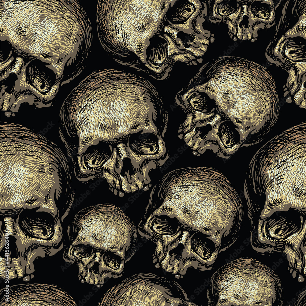 Poster vector image of seamless texture with skulls on black background