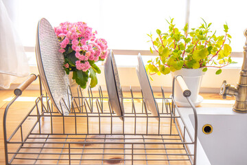 Countertops with plants, dish rack with plates and windows with white shutters in the kitchen interior. Kitchen sink by the window