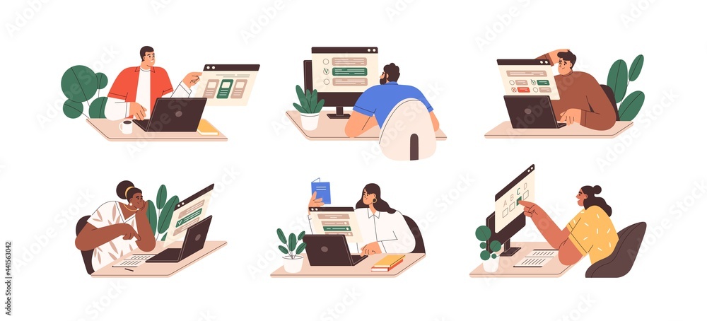 Poster set of people passing online test at computer. students with laptops at internet exam. men and women