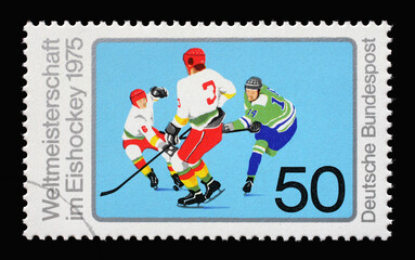 A stamp printed in Germany shows Ice Hockey, 1975 World Championship in Munich and Dusseldorf, circa 1975