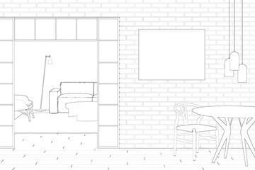 Sketch of the dining room in a loft with a horizontal poster on a brick wall, lamps over a round table, a doorway to the living room with a sofa, armchair, and coffee table. Front view. 3d render