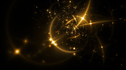 Abstract golden stars. Colorful space background with fantastic light effect. Digital fractal art. 3d rendering.