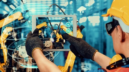 Smart industry robot arms modernization for innovative factory technology . Concept of automation...