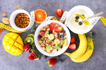 healthy breakfast with granola, fruit and yogurt