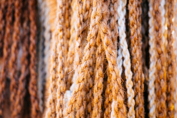 Traditional jute decoration at the entrance, close up. In the desert near Dahab, Sinai, Egypt. Background texture.