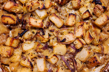vegan potato roast with onions and airy-free cream, healthy plant-based food