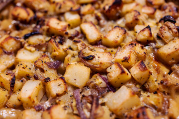 vegan potato roast with onions and airy-free cream, healthy plant-based food