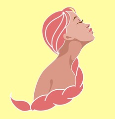 A young beautiful girl with pink hair and a long braid. He enjoys it with his eyes closed. A woman s head in profile. The illustration is flat. Vector.