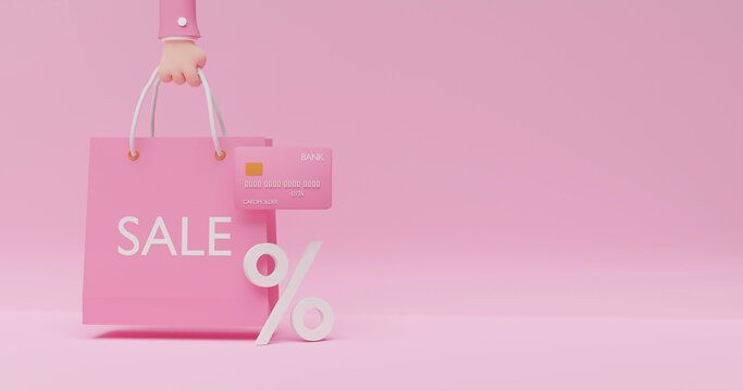 Sale concept. A man's hand holds a shopping bag with the inscription sale, credit card, percent sign. 3d rendering illustration with copy space. Web banner template