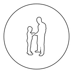 Man transmits thing to boy Father Male give book gadget smartphone son children take something Dad relationship Family concept Child friendship toddler daddy silhouette in circle round black color 