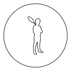 Boy holds badminton racket Cute young child holding standing toy shuttlecock Happy concept Teenage action Summer sport activity Camp concept Kid will play Having fun silhouette in circle round black 