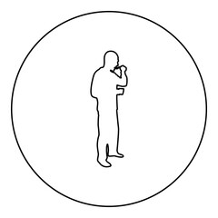 Man trying food from spoon standing Tasting concept Gourmet tries dish Chef trying silhouette in circle round black color vector illustration contour outline style image
