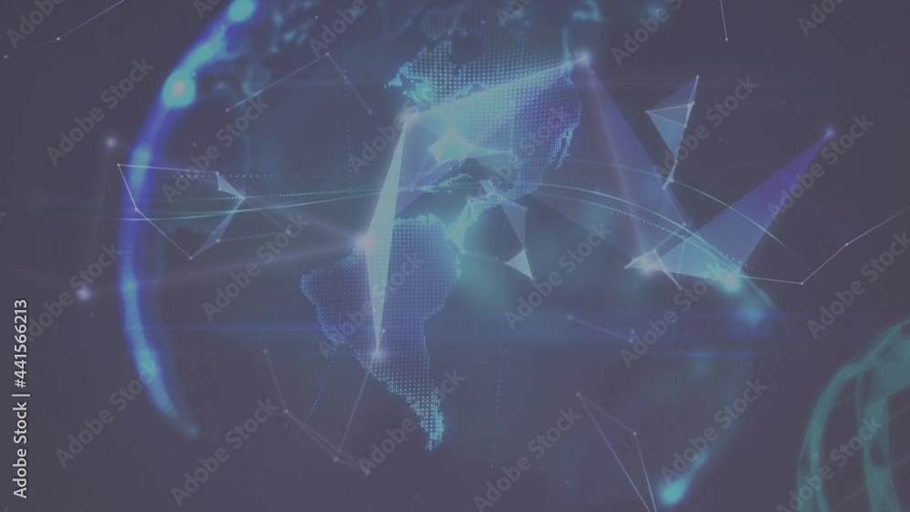 Poster digital animation of plexus networks over spinning globe against blue background