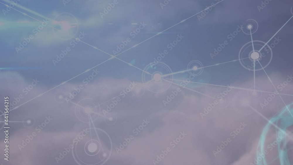 Poster animation of network of connections with glowing spots over clouds and sky background