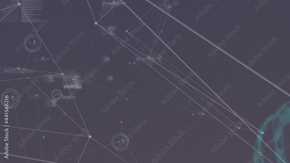 Poster animation of network of connections with glowing spots over grey background