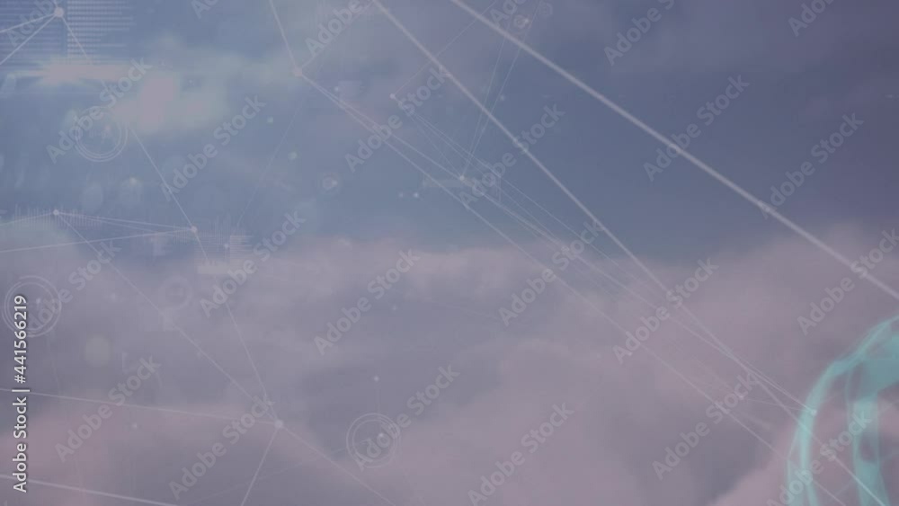 Poster animation of network of connections with statistics over clouds and sky in background