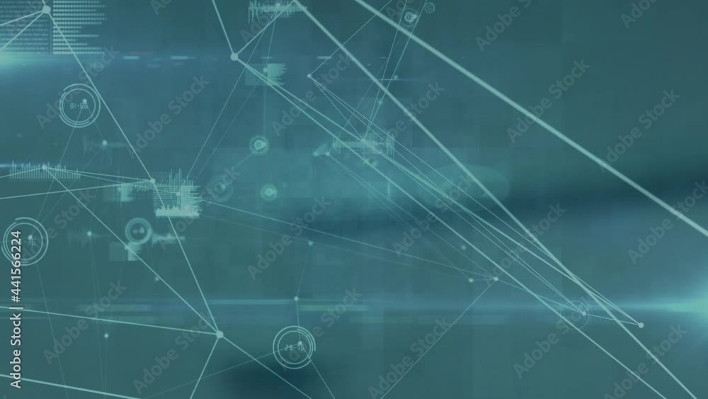 Poster Animation of network of connections with glowing spots over blue background