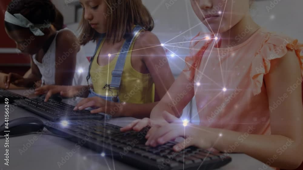 Aufkleber glowing network of connections against group of diverse students using computer at school