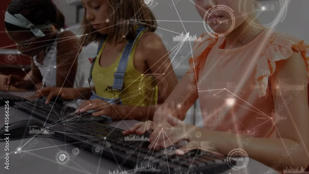 Aufkleber network of connections and data processing against diverse female students using computer at school