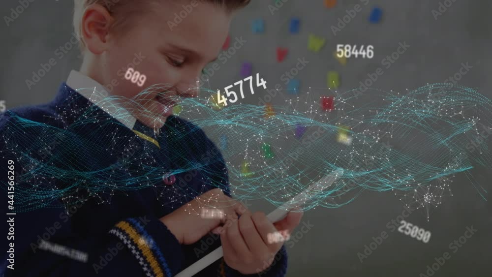Aufkleber animation of network of connections and data processing over smiling schoolboy using tablet