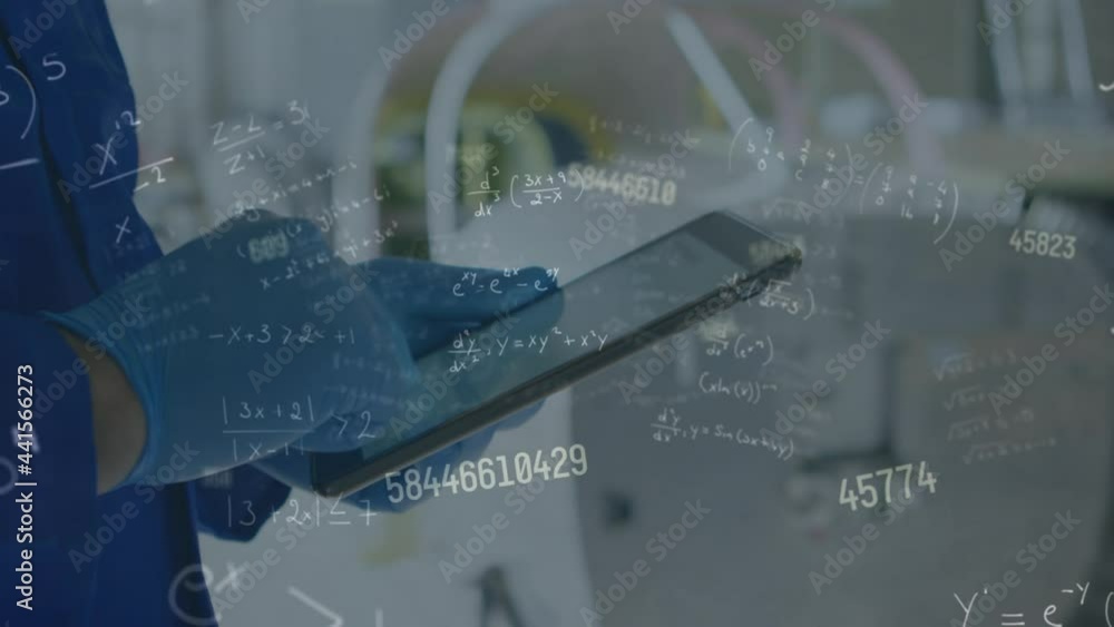 Poster animation of numbers changing and mathematical equations over engineer using tablet
