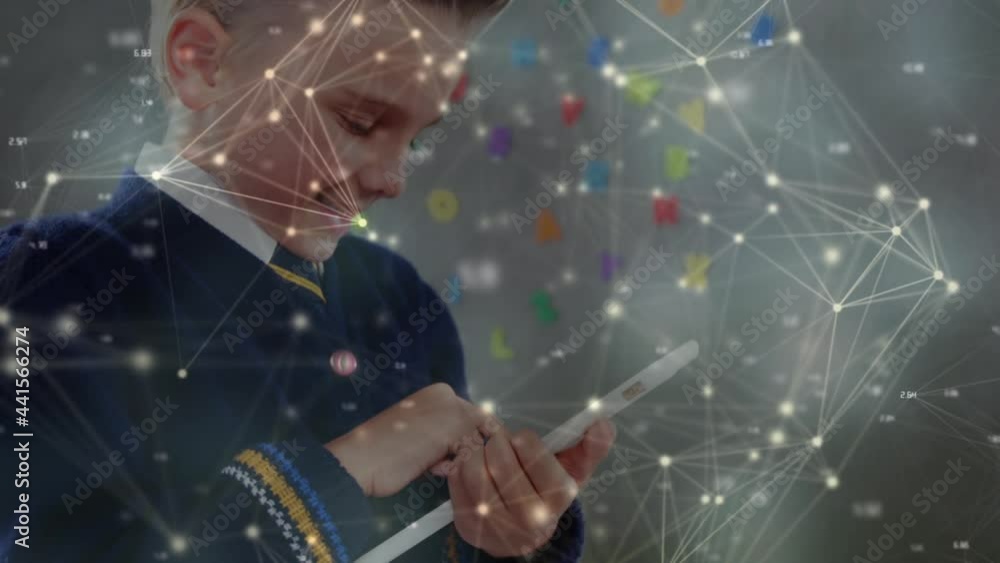 Poster animation of networks of connections over schoolboy using tablet