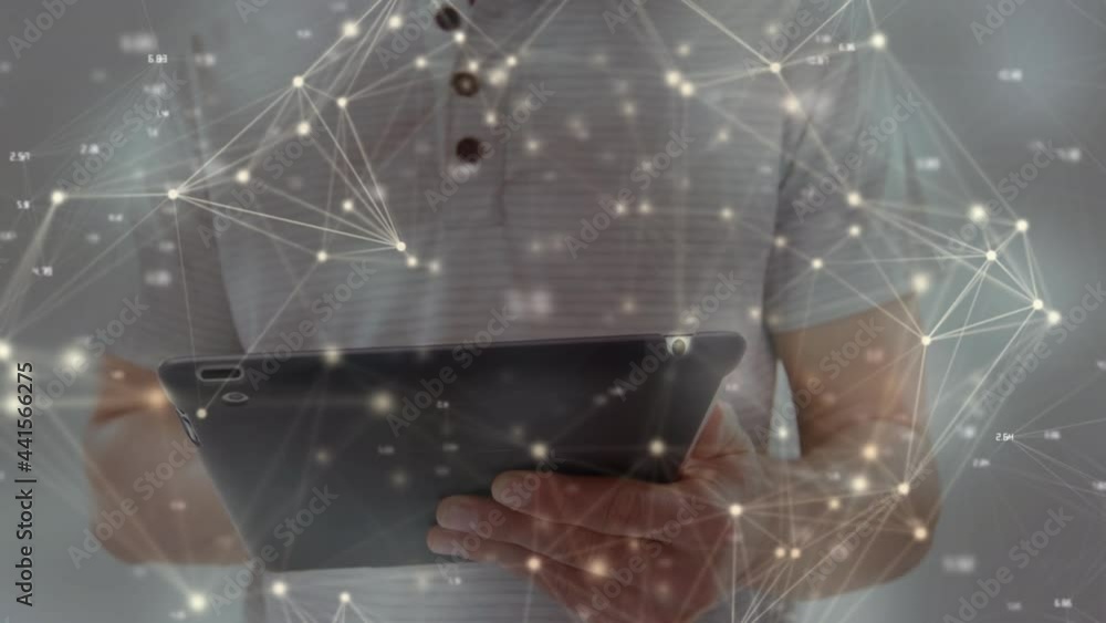 Aufkleber animation of networks of connections over man using tablet