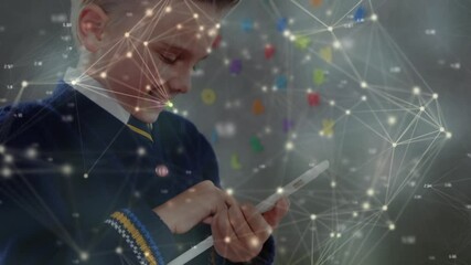 Animation of networks of connections over schoolboy using tablet - Powered by Adobe