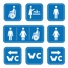 Restroom icons. Man, woman, wheelchair person symbol and baby changing. Male, Female, Handicap toilet sign. Glyph style. WC symbol