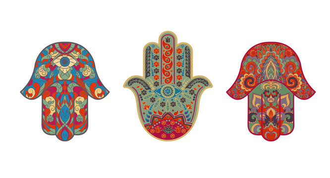 set of traditional oriental or Indian sacred religious symbols-amulets-Hamsa, Miriam's hand, David's palm, Hanukkah  with ornaments. Vector illustration isolated on white background