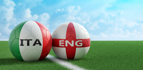 Italy vs. England Soccer Match - Leather balls in Italy and England national colors. 3D Rendering 