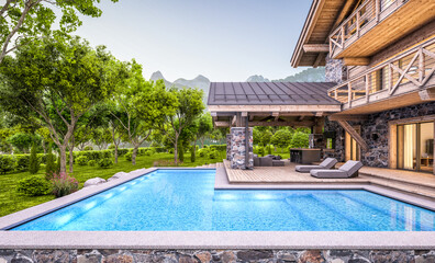 3d rendering of modern cozy chalet with pool and parking for sale or rent.  Massive timber beams columns. Beautiful forest mountains on background. Clear summer evening with cozy light from window