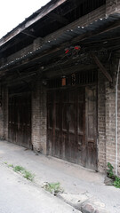 June 16 2021 : Minburi, Thailand : Street with wooden house in old alley at Minburi old market village, Thailand.