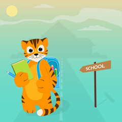 A cute tiger cub with a backpack, book and pencils goes to school. Colored vector illustration. Postcard, poster, banner, cartoon style design