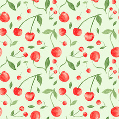 Red cherry berries - seamless pattern, watercolor painting on light green background