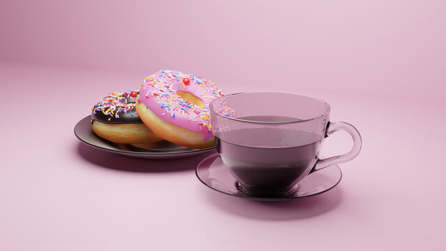 Doughnut Glazed and sprinkles with coffee 3D front top illustration isolated on soft pink background