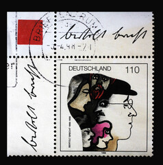 A stamp printed in Germany shows Characters in Brecht's Head, Birth centenary of Bertolt Brecht...