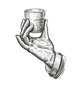 Hand holding a glass. Illustration drawn in vintage engraving style